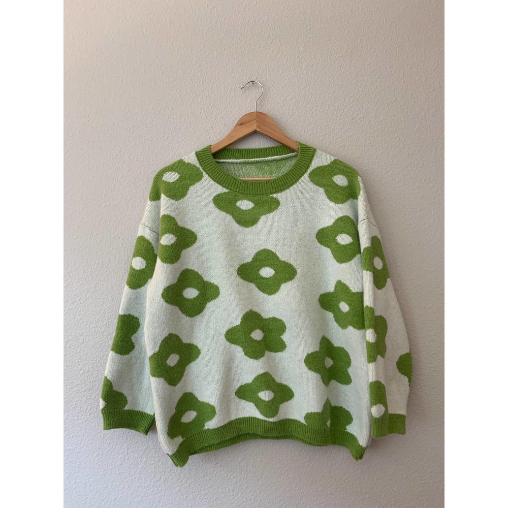 Lazy Oaf Green and White Floral Sweater